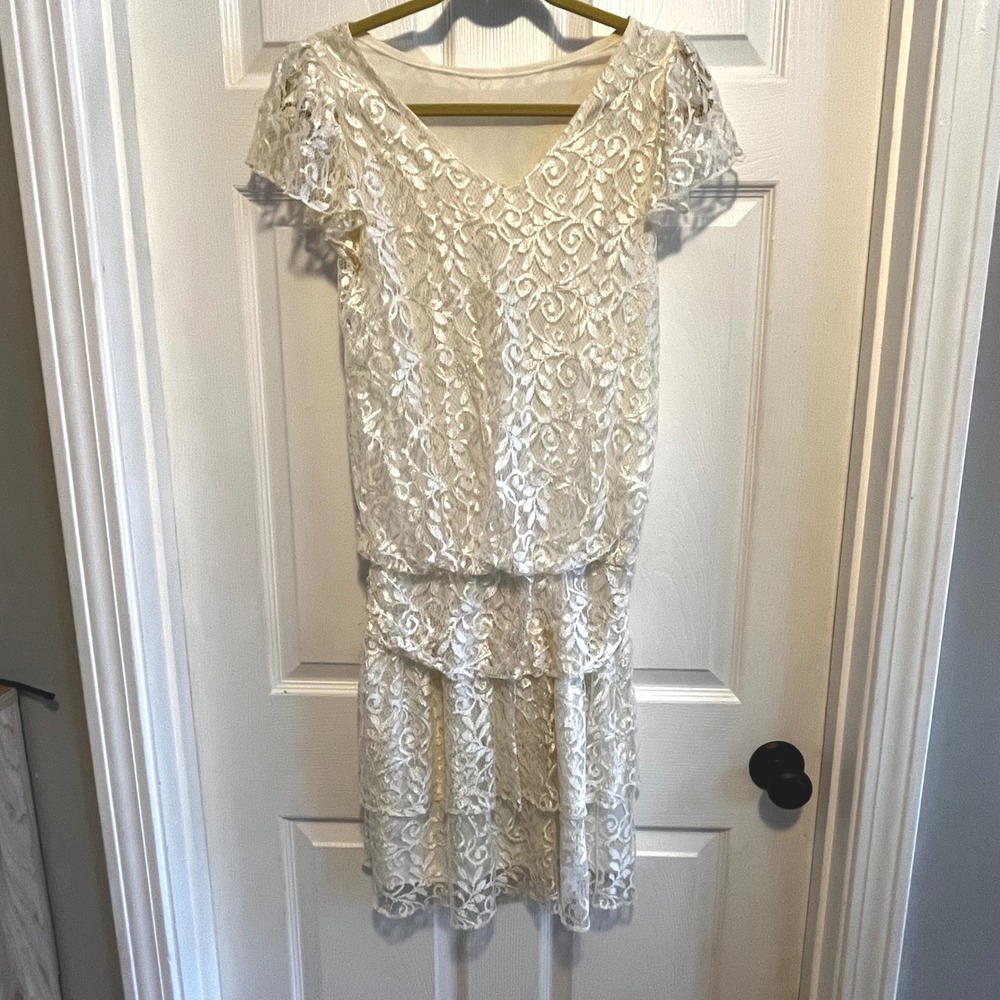 Vintage Elegant Ivory Lace Tiered Dress Short Sleeve Cocktail Party Occasion XS
